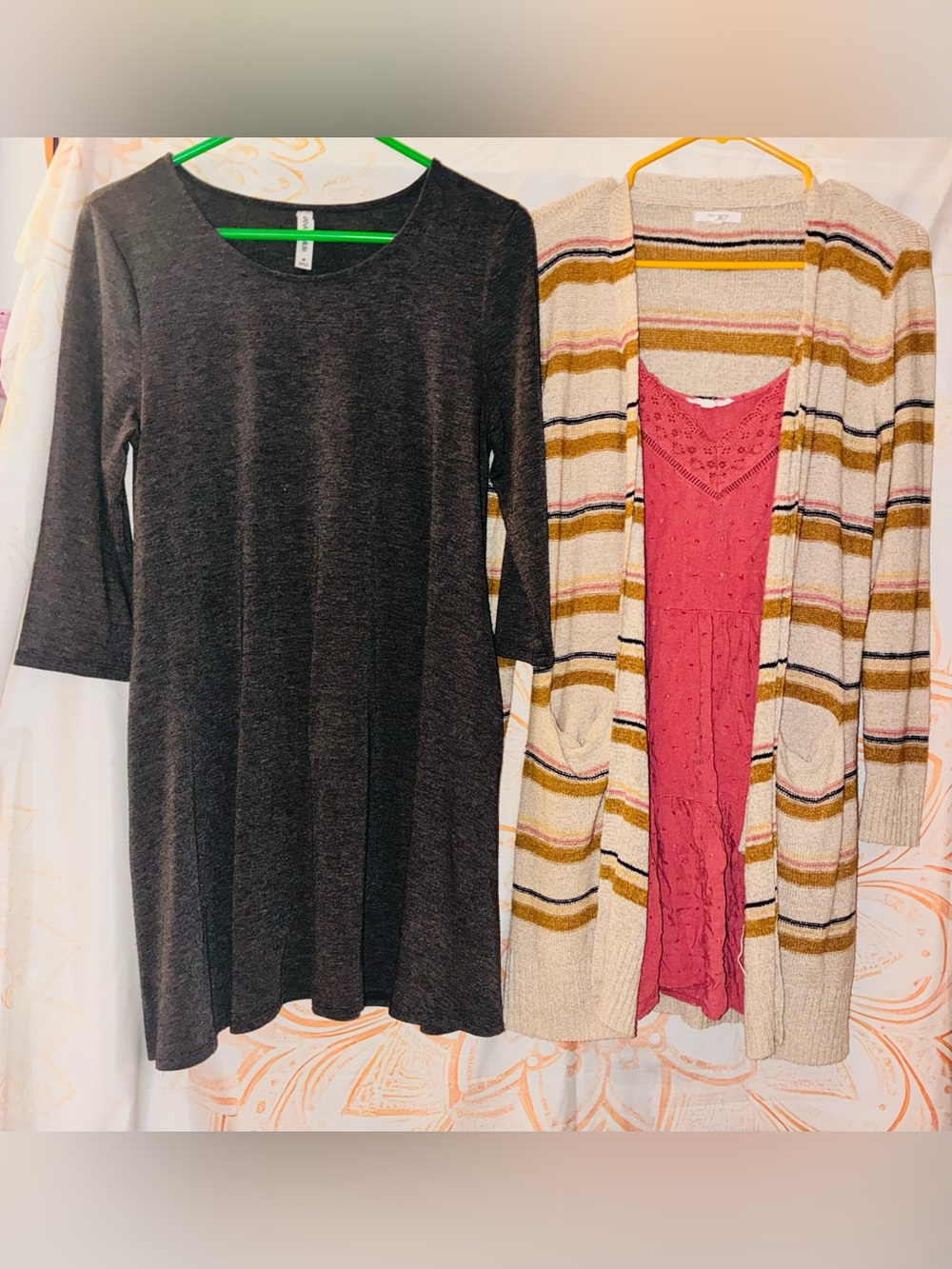 Maurice’s Cream Colored Cardigan w/ a Grey 3/4 Length Sleeve Dress & a Pink Top